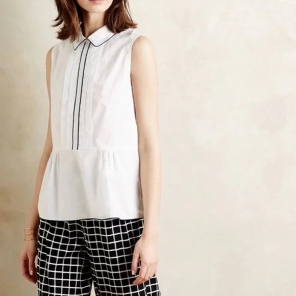 HD IN PARIS Anthropologie White & Blue Bennett Pleated Peplum Sleeveless Top L7 - Picture 2 of 9